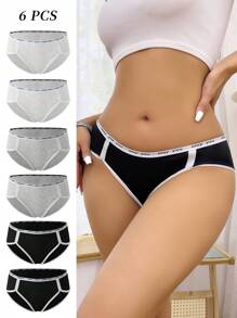 6pcs/Pack Ladies' Seamless Panties With English Text Band, Ribbed Patchwork Cutout Triangle Underwear - Multicolor - View 1