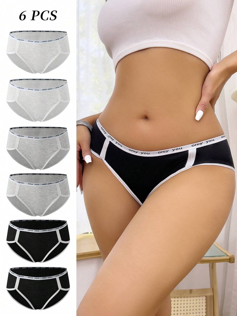 6pcs/Pack Ladies' Seamless Panties With English Text Band, Ribbed Patchwork Cutout Triangle Underwear - Multicolor - View 1
