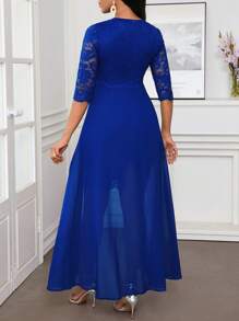 SHEIN Lady Vestido elegante de fiesta de Navidad de otoño e invierno con cuello redondo de encaje azul asimétrico y fluido