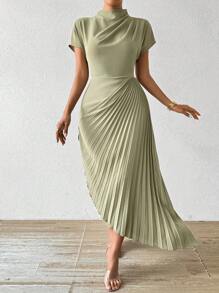 Calvaya Vestido elegante maxi con cuello alto, plisado asimétrico en el bajo para mujer