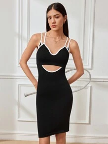 SHEIN Sports 女士镂空设计修身优雅迷人时尚运动连衣裙 - 黑色 - 查看 1