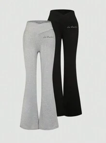 SHEIN EZwear 2 件大码女式英式印花黑灰色腰带交叉设计紧身休闲喇叭裤套装 - 彩色 - 查看 1
