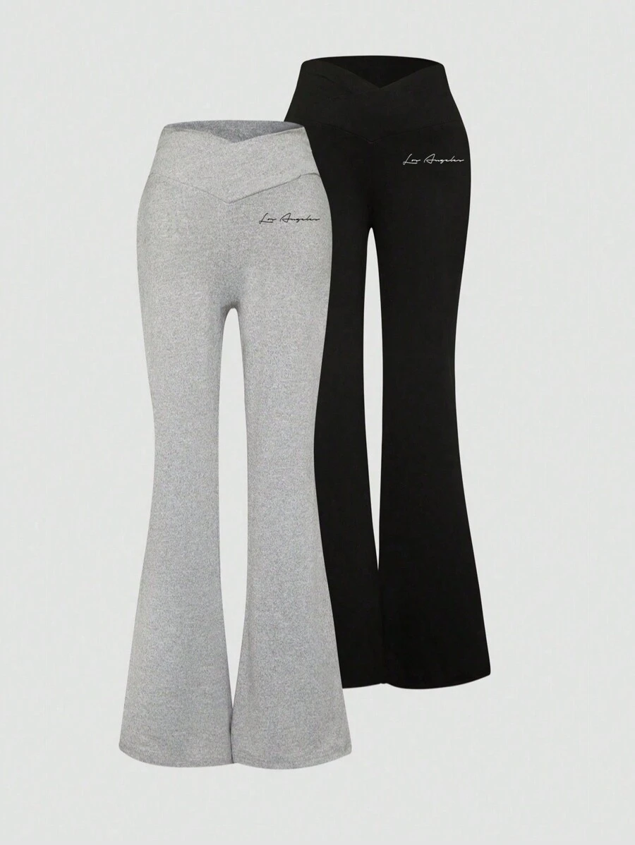 SHEIN EZwear 2 件大码女式英式印花黑灰色腰带交叉设计紧身休闲喇叭裤套装 - 彩色 - 查看 1