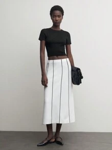 BizChic Falda de punto acampanada de cintura elástica con contraste de color para atuendos de mujer en otoño - Blanco - Ver 2