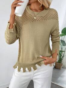 Chiquease Casual Loose Hollow-Out Knitted Sweater Top For Women, Spring Summer, Fall Winter - Camel - View 3