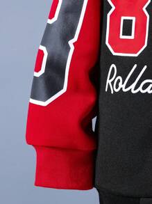 SHEIN 1 套年轻男孩休闲彩色块字母印花夹克和运动裤，适合日常、学校、运动、户外活动、秋冬季