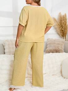 Jacquard Knit Sleepwear Set, Plus Size Short Sleeve Top And Pants - Mustard Yellow - View 2