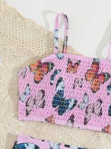 3pcs/Set Tween Girl Cute Butterfly Print Ruffle Decor Bikini Bikini Set Summer Beach - Pink - View 5