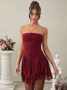 L'Amorae Women's Lace And Chiffon Dress With Ruching, Tiers, And Bows