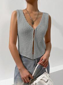 Flirla Áo dệt kim cổ chữ V khoét rỗng thoải mái thông thường đa năng dành cho nữ - Xám - Xem 3