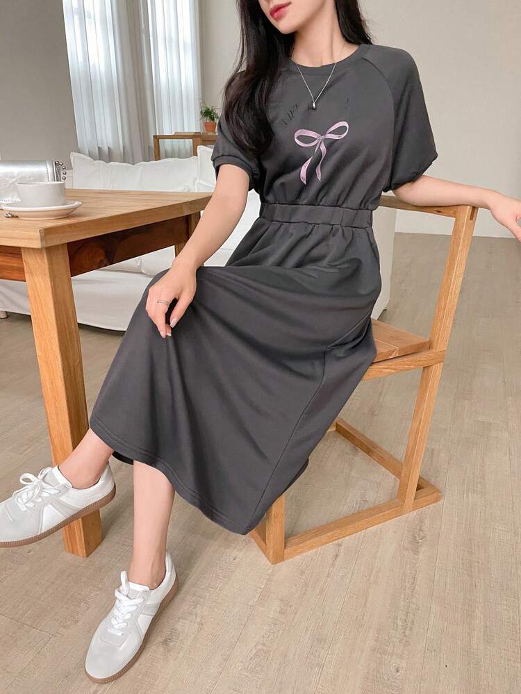 Bow Tie Print Casual Round Neck Dress For Women SunDress