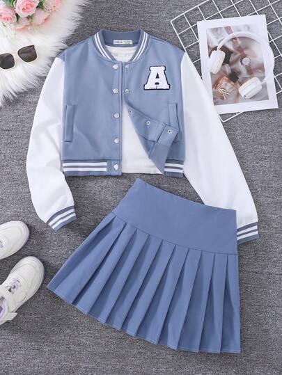 2pcs Teen Girl's Colorblock Letter Print Long Sleeve Top And Solid Color Skirt Set