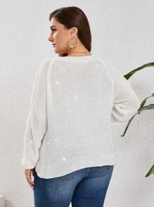 SHEIN LUNE Plus Solid Long Sleeve Rhinestone Sweater, Knit Pullover Fall Winter - White - View 2