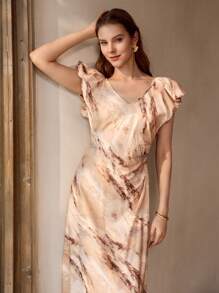 MOTF PREMIUM ALLOVER PRINT V-NECK PUFF SLEEVE RUCHED WAIST DRESS - Rust Brown - View 6