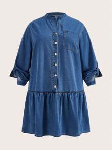 SHEIN CURVE+ Plus Size Denim Non-Stretch Sexy Fashion Dress - Blue - View 5