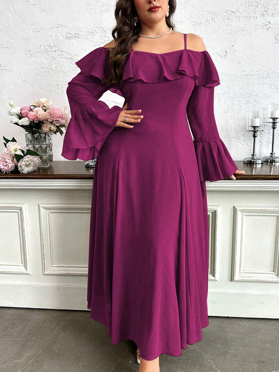Vestido maxi con hombros descubiertos y volante superpuesto Melocotón Tallas Grandes