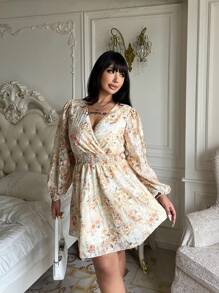 Flirla Plus Size V-Neck Long Sleeve Waist Ruched Elegant Allover Print Dress Fall Cloth For Women