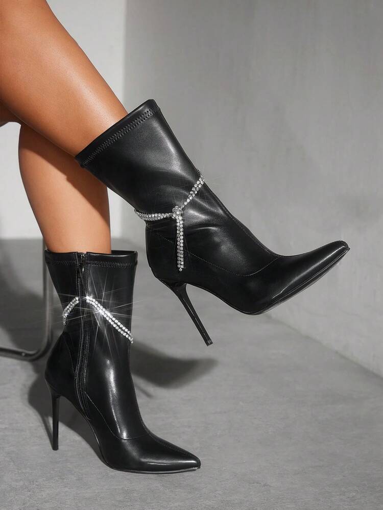 CUCCOO SZL Women's Fashionable Party Style Short Boots, Black Classic Pointed Toe High Heels Mid-Calf Boots With Rhinestone Straps, Zipper Closure, Suitable For Work Or Date Halloween Witch Fall