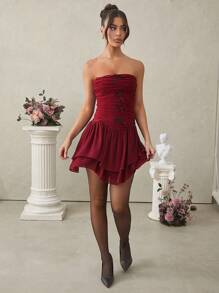 L'Amorae Women's Lace And Chiffon Dress With Ruching, Tiers, And Bows