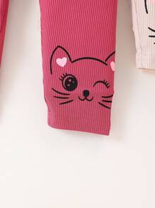4pcs Baby Girls' Cute Ribbed Cat Printed Pants Set, Spring And Autumn