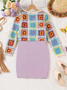 2 buc/Set Tween Girls Cardigan cu mânecă lungă cu un singur piept și rochie cu bretele spaghetti de culoare uni - Violet Purple - Vizualizare 2