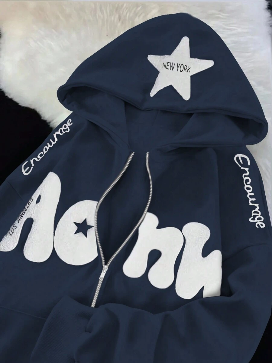 INAWLY Women's Casual Letter Applique Navy Blue Zip Up Drawstring Hoodie, Zipper Hooded Sweatshirt,Long Sleeve Tops Graduation,Back To School Outfits,Graduation,Teacher Outfits For Women,Back To School Pullover Fall Outfit - Navy Blue - View 1