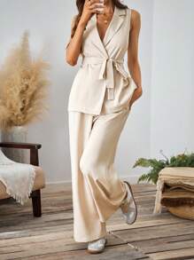 SHEIN LUNE 2pcs Solid Color Sleeveless Blazer & Pocket Pants Khaki Suit Set - Khaki - View 1