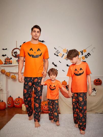 SHEIN 小男孩卡通图案短袖和长裤阻燃万圣节主题 2 件套睡衣套装，爸爸和我的配套服装（3 套单独出售）