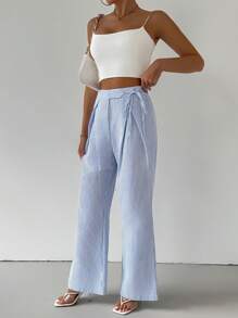 Firerie Women's Fashion High Waist Pleated Detail Drawstring Wide Leg Pants - Blue and White - View 4