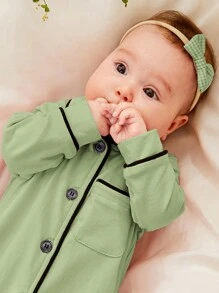 Cozy Pixies Newborn Baby Girl Contrast Binding Button Front Jumpsuit - Lime Green - View 3