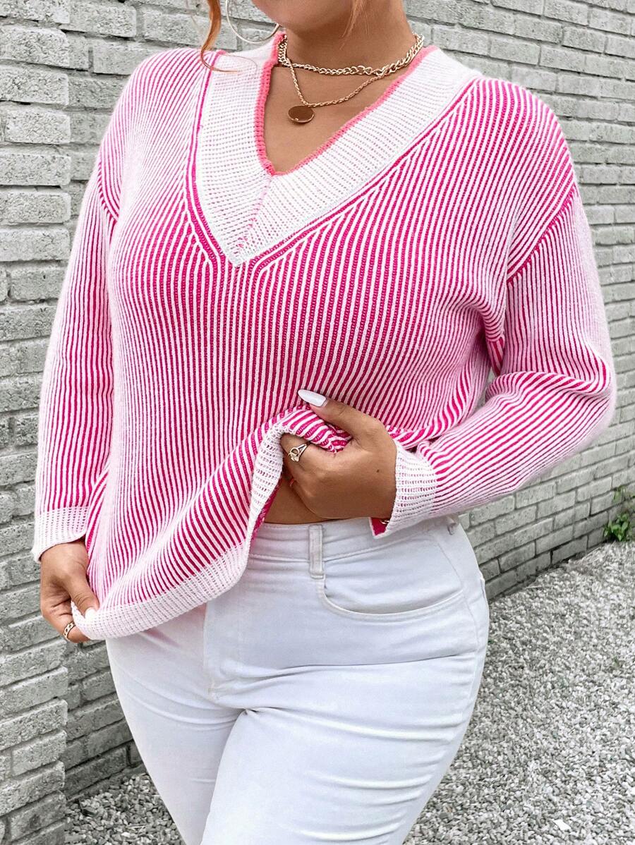 SHEIN Unity Plus Size V-Neck Striped Print Casual Long Sleeve Pullover Sweater Knit Pullover Fall Winter - Pink - View 1