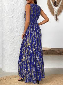 SHEIN Clasi Ladies Allover Print V-Neck Summer Sleeveless Dress - Royal Blue - View 2