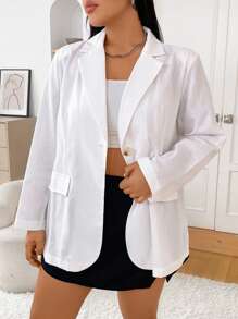 CovetEZ Plus Size Solid Color White Single Button Casual Long Sleeve Blazer - White - View 6