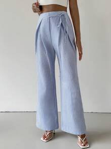 Firerie Women's Fashion High Waist Pleated Detail Drawstring Wide Leg Pants - Blue and White - View 3