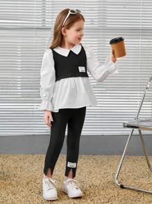 SHEIN 2 piezas Conjunto de blusa con mangas abullonadas y pantalones de bloque de color elegante para niña joven