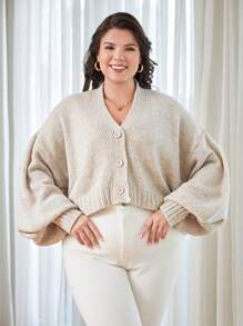 EURMUSE Plus Size Solid Color Button Up V-Neck Cardigan - Beige - View 5
