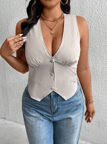 SHEIN Privé Plus Size Elegant V-Neck Buttoned Waist Slim Apricot Cardigan Jacket For Women, Spring Summer Autumn - Apricot - View 7