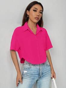 SHEIN LUNE 女士夏季纯色落肩宽松短款休闲衬衫、短袖上衣 - 玫紅色 - 查看 4