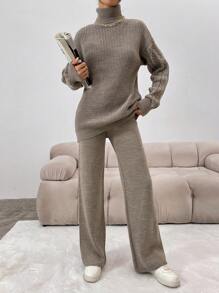 EURMUSE Petite Turtleneck Drop Shoulder Sleeve Sweater And Pants Set ,Petite Women - Mocha Brown - View 5