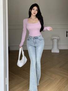 DAZY Women Square Neck Long Sleeve Slim Fit Sweater, Spring Autumn,Fall Women Clothes - Purple - View 3