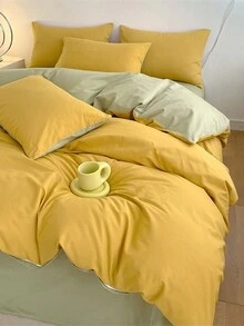 3pcs Yellow And Green Dorm Bedding Duvet Cover Set With Pillowcase - Yellow - View 2