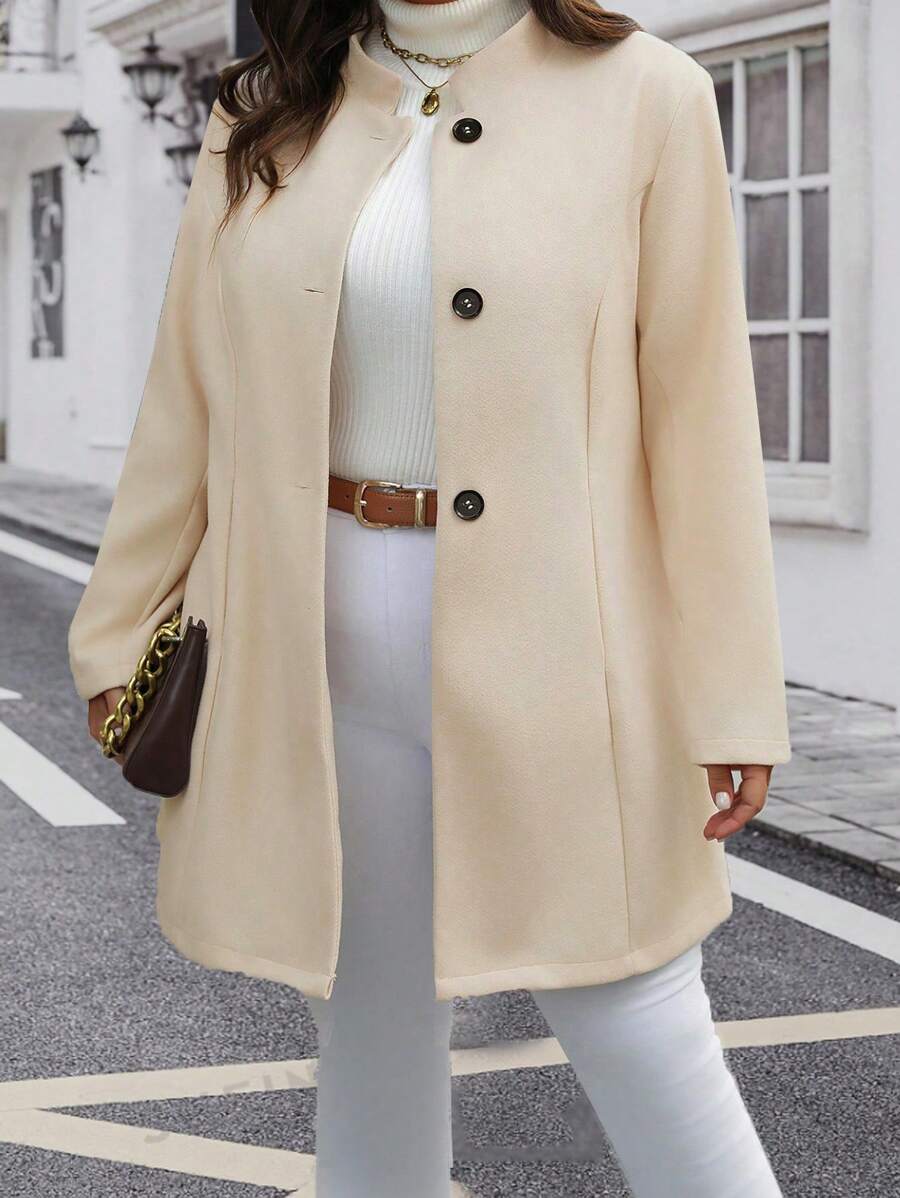 SHEIN LUNE Plus Size Women's Elegant Front Button Long Sleeve Overcoat, Suitable For Autumn & Winter