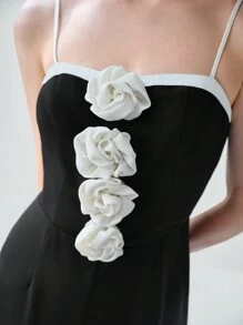 Enchnt 女士拼色 3D 花卉装饰吊带背心简约日常连体裤 - 黑色 - 查看 5