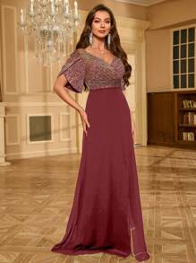 UNITHORSE Sequin Chiffon Formal Dress, Black Elegant Gown For Prom, Wedding Guest, Graduation Ceremony, Evening Party, Bridal Shower - Redwood - View 8