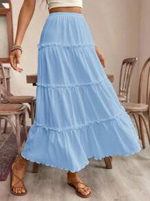 SHEIN Frenchy Falda larga con volantes, escalonada y fruncida en la cintura, de tela con textura, elegante, linda, para vacaciones de verano, de unicolor, estilo bohemio chic - Celeste - Ver 2
