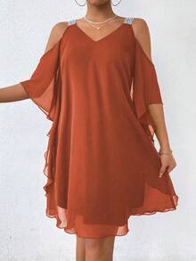 SHEIN Clasi 女士 V 领露肩宽松网眼优雅连衣裙 - 鏽棕色 - 查看 8