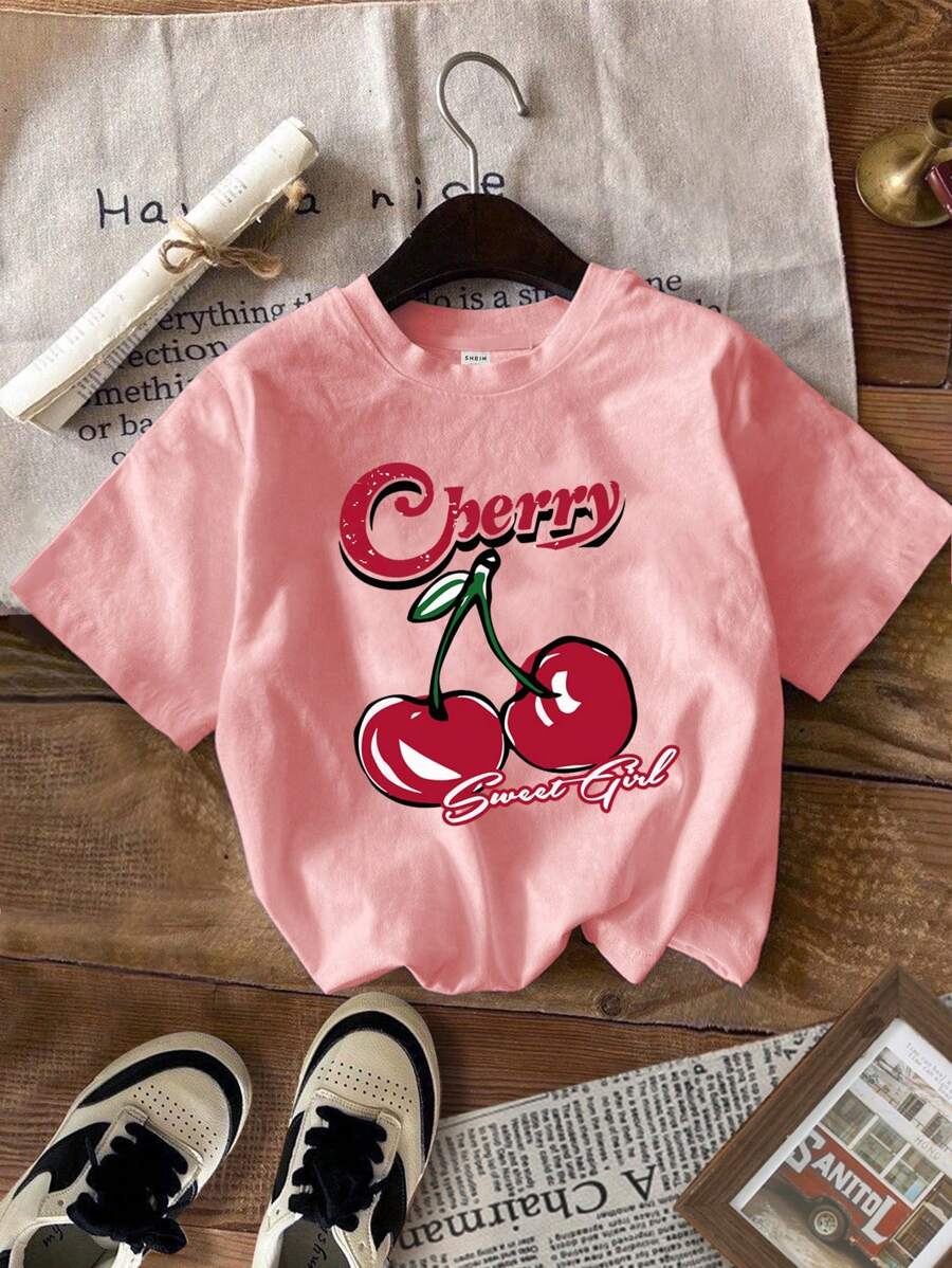 SHEIN Leap Crew Áo thun ngắn tay cổ tròn in hình anh đào Tween Girls'' dáng rộng màu hồng, mùa xuân/hè - Hồng - Xem 1