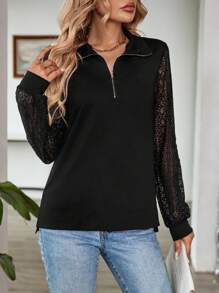 SHEIN LUNE Ladies Zipper Long Sleeve Lace Slim Fit Elegant Elegant Charm Splicing Sweatshirt - Navy Blue - View 4