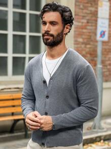 Manfinity Homme Men's Solid Color Button Front Long Sleeve Casual Shirt, For Fall Winter - Dark Grey - View 5