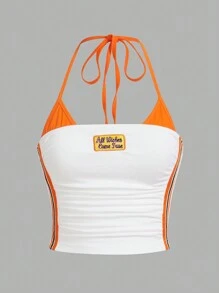 SHEIN ICON Conjunto de ropa casual de verano estilo Y2K con top corto de bloques de color con bordado de letras en contraste de estilo biker, escote halter, ajuste ceñido